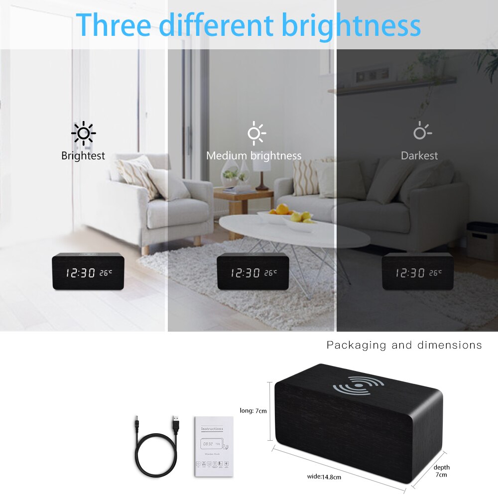 FiBiSonic Holz LED Digital Tisch Wecker mit Mit Qi kabellos aufladen Pad Kompatibel Mit Für Iphone Samsung