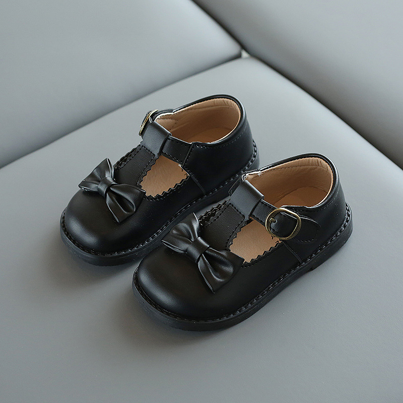 Zapatos de cuero para niña pequeña, mocasines de princesa con correa en T de mariposa, Lolita negra británica, para otoño de 3 a 6 años