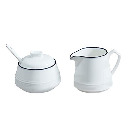 Ceramic White Creamer and Sugar Set with Lid Spoon 4 Piece: cream sugar set