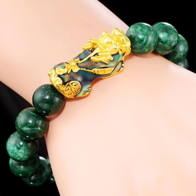 Doré PIXIU Bracelet Pour Les Femmes Hommes Vert Perles Bracelet Apporter Chance Courageux Richesse Feng Shui Bracelets pour hommes