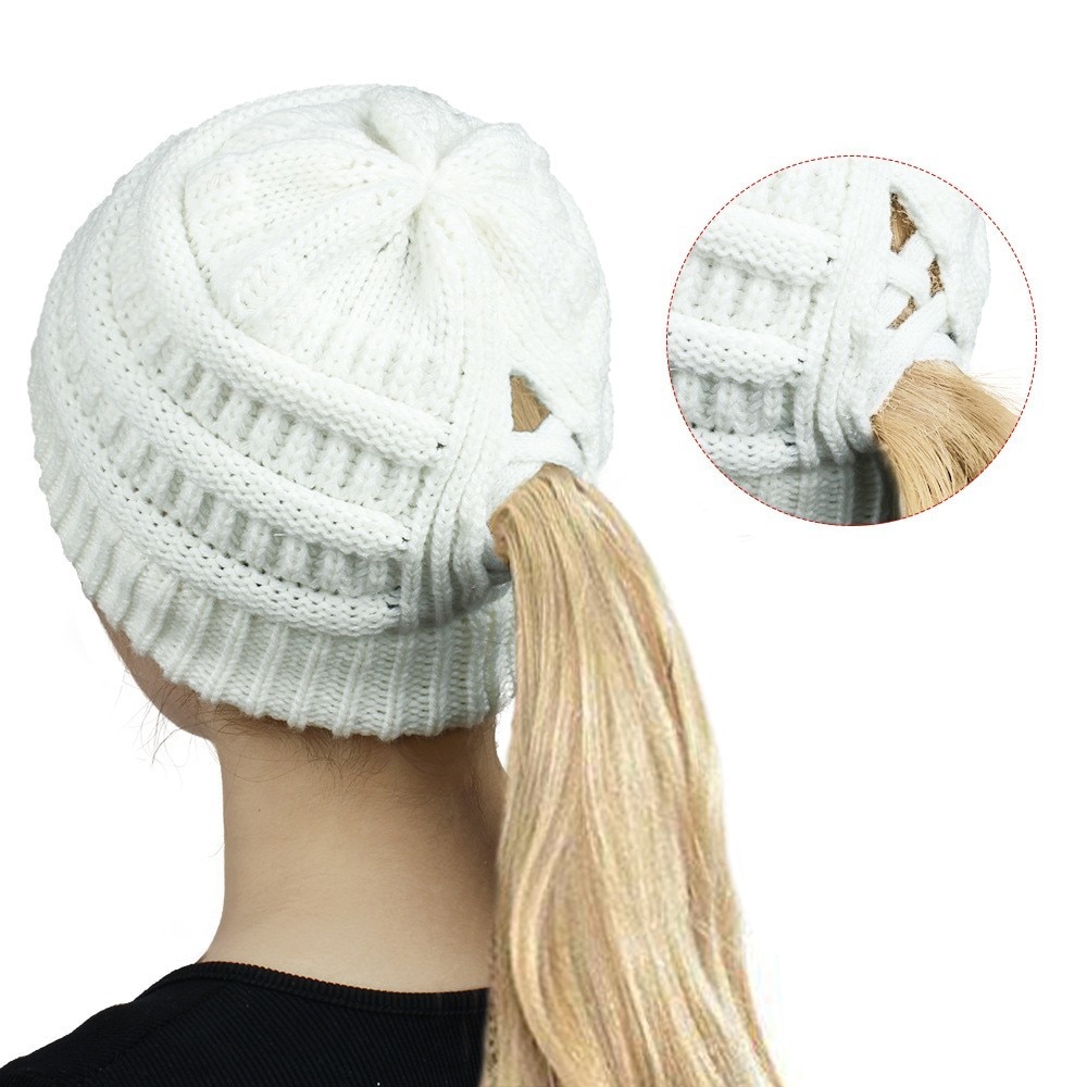 Bonnet queue de cheval pour femme, en coton, doux et extensible, en tricot tête de mort