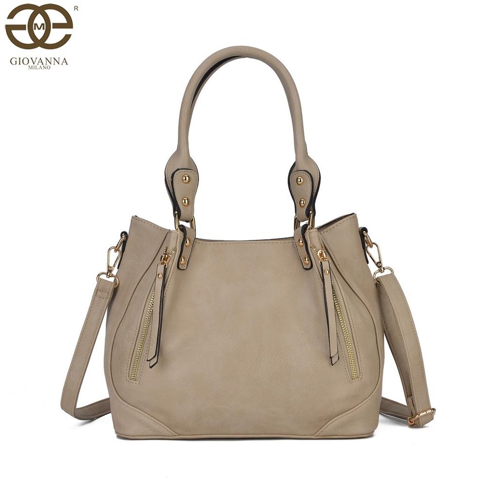 Giovanna Milano Bolso mujer de hombro grande con doblado bolsos de mano para chicas tote casual con correa ajustable y cremalleras de adorno PU en color liso cierre con cremallera tamaño oficina T10969: Kaki