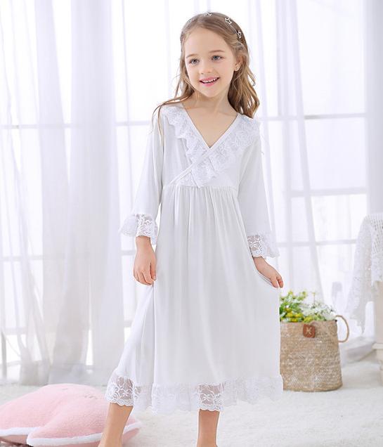 Spring Children's Baby Girl Sleepwear Lace Ruffled Night Dress Vintage Nightgown Kids Home Wear Princess Sleepshirt