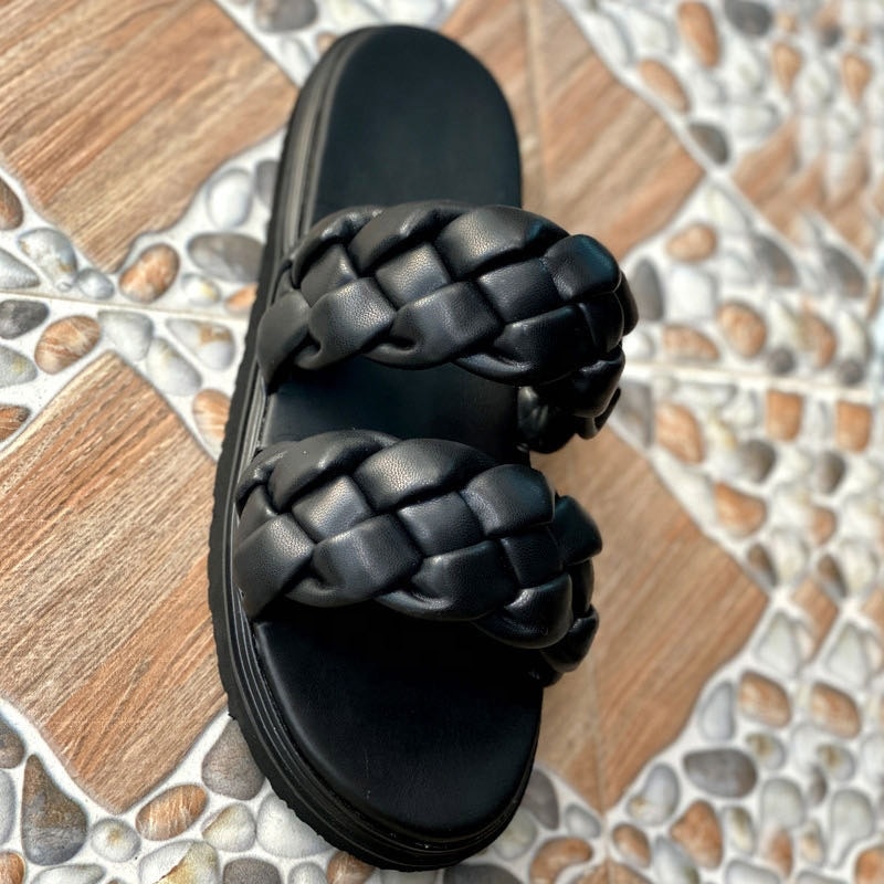 Zapatillas de mujer con doble correa trenzada zapatos deslizantes planos negros