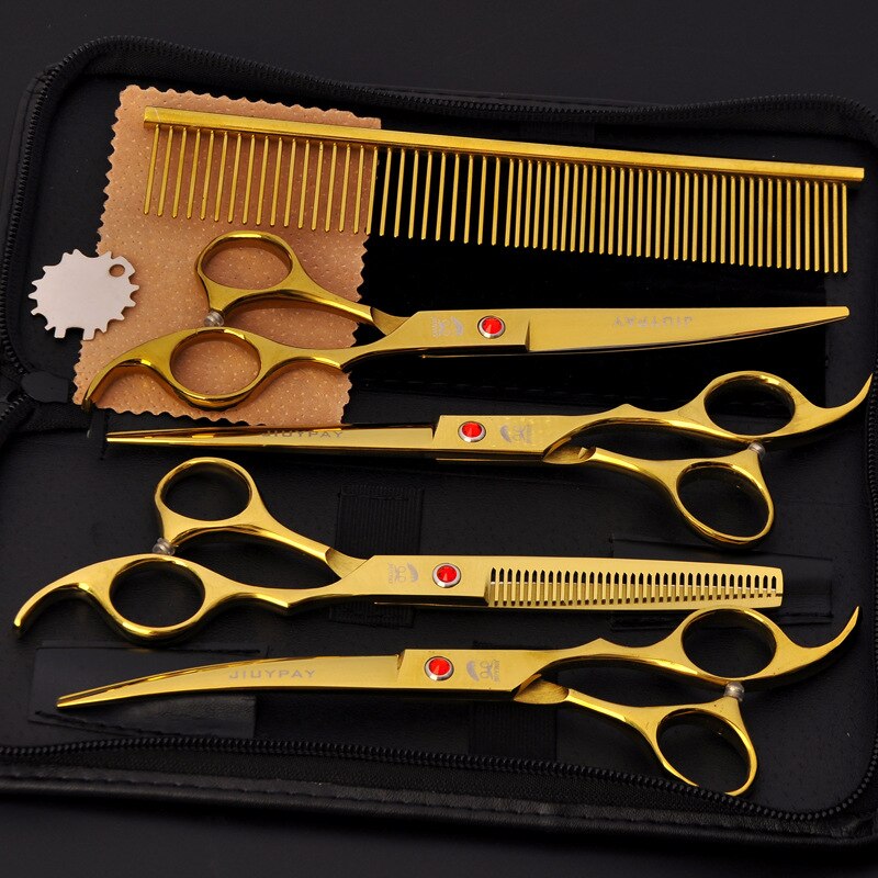 5Pcs Rvs Honden Grooming Schaar Kat Haar Dunner Shear Scherpe Rand Schaar Voor Honden Dier Kapper Snijden tool: Goud