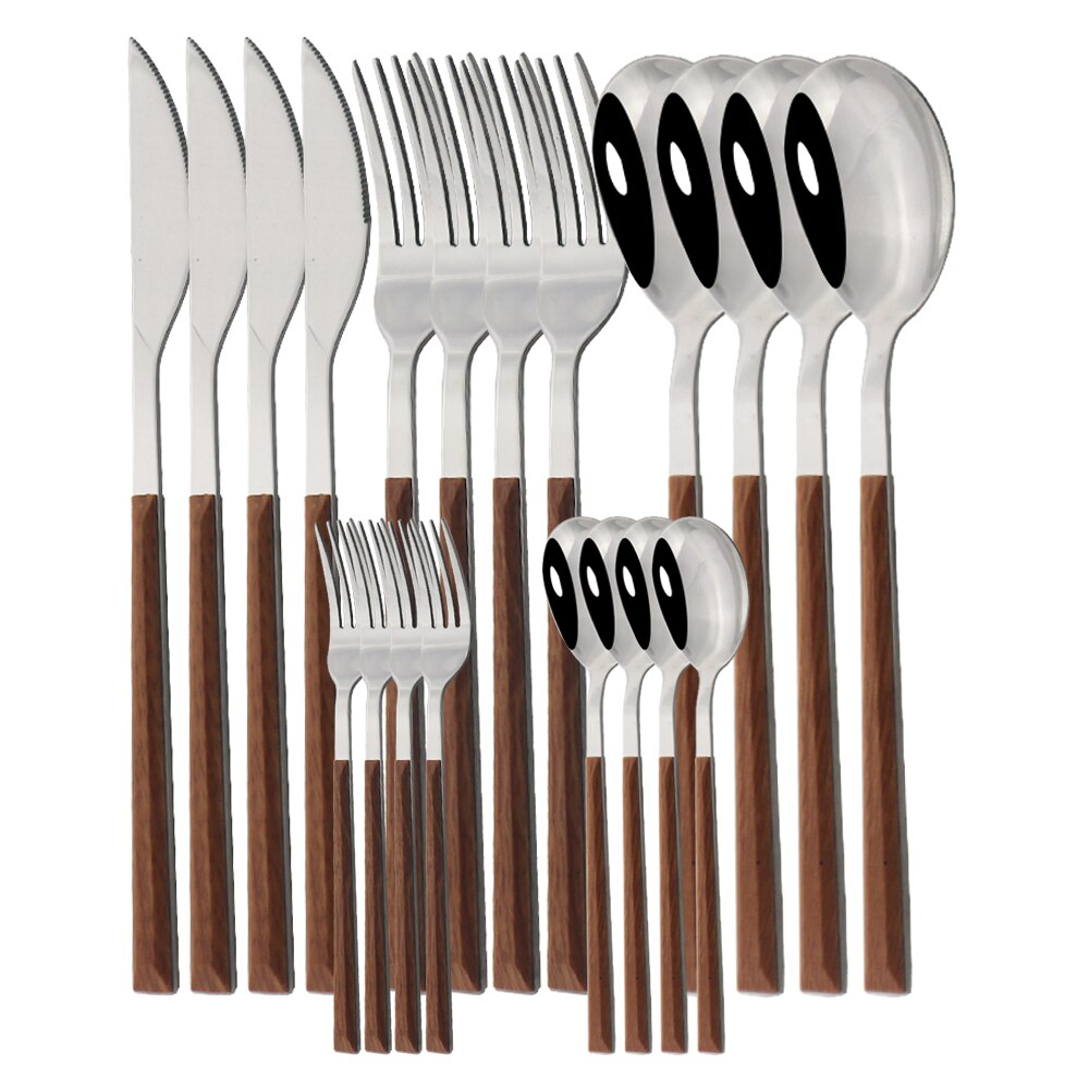 20Pcs Zilveren Houten Handvat Westerse Servies Set Roestvrij Stalen Bestek Set Mes Vork Lepel Theelepel Diner Servies Set