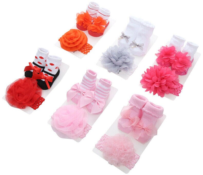 Newborn Solid Color Lace Baby Socks Bow Princess Cute Baby Socks+ Hair Band set