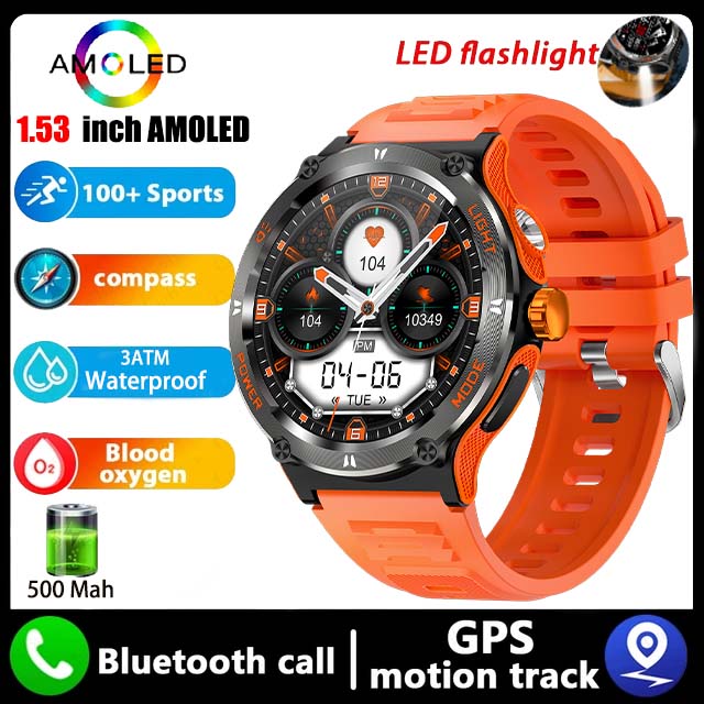 Montre intelligente de camion GPS militaire pour hommes, écran HD AMOLED, fréquence cardiaque, montre intelligente de sport étanche IP68, Android IOS, extérieur, , 2024: Black