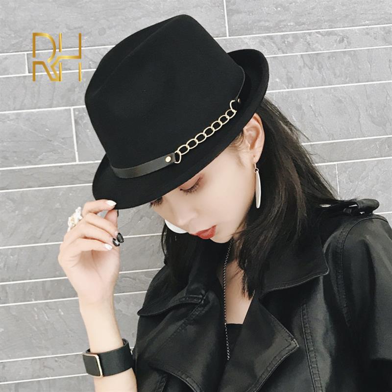 Filcowe czapki zimowe męskie fedora wełna jazzowy kapelusz jesień moda Fascinator klasyczny męskie filcowy kapelusz kobiety cylinder RH: czarny