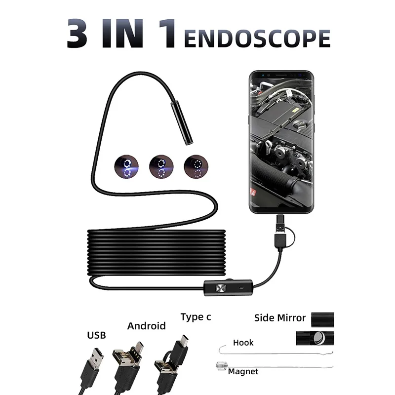 Practical 7MM Android Endoscope 3 in 1 USB/Micro USB/Type-C Borescope Inspection Camera IP67 Waterproof for Smartphone Computers