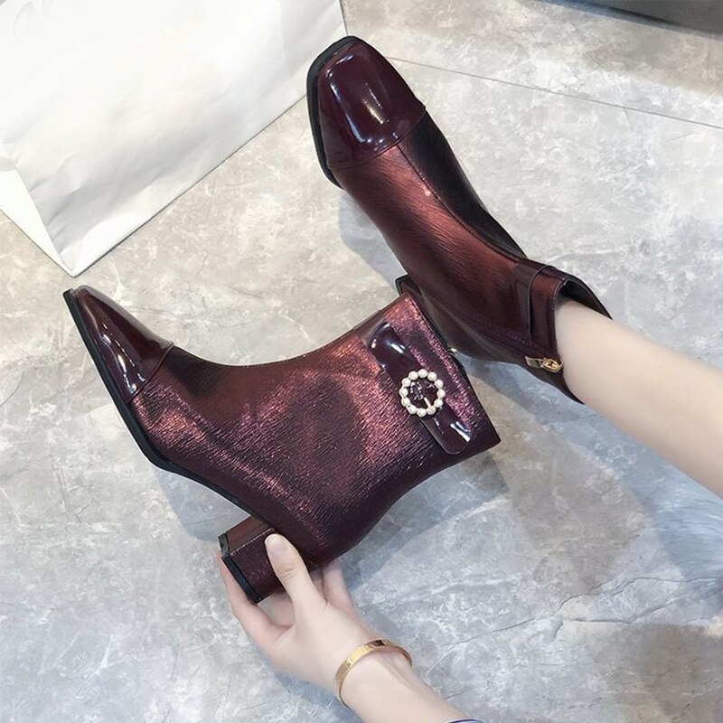 Herfst parel rits dames hoge hakken vierkante neus schoenen dames enkellaarsjes pu leer korte dames pumps: Rood / 6