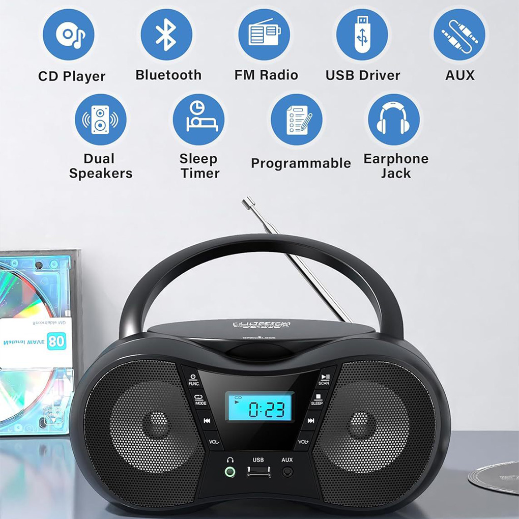 Portable CD Player Bluetooth Boombox CD Player AM/FM Radio High-fidelity Stereo Player Compatible for CD/CD-R/RW Radio for Home