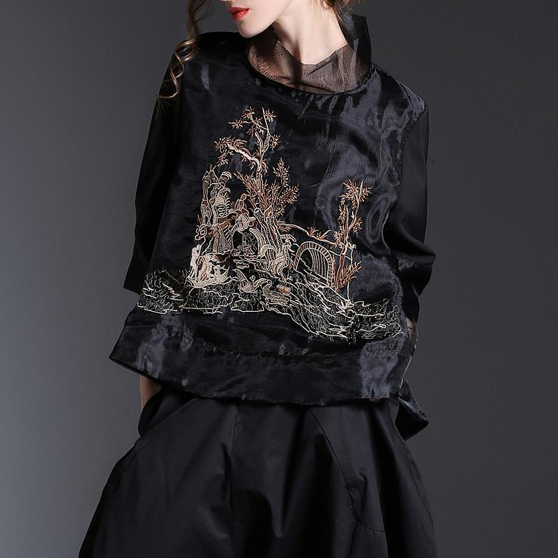 Chinese Runway Shirt Chic Embroidered Loose Gauze Shirt Women&#39;s Stand Collar Retro Shirt Tops