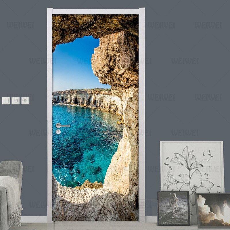Cave Seascape 3D Photo Wallpaper Murals PVC Waterproof Self-adhesive Door Sticker DIY Door Poster Wall Mural Stickers