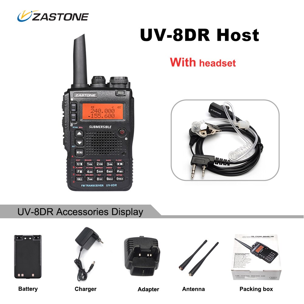 Walkie-talkie Zastone UV-8DR VHF/UHF 136-174MHz 240-260MHz 400-520MHz 128-MHz, Radio bidirectionnelle à trois bandes CH UV8DR: Whit headset