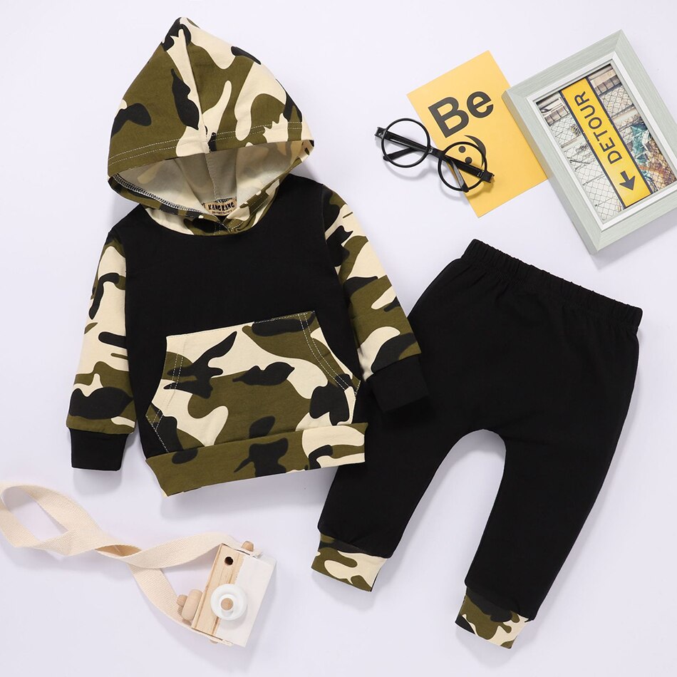 Ropa de camuflaje para niños y niñas, traje de Sudadera con capucha y pantalones con estampado de 3M-3T