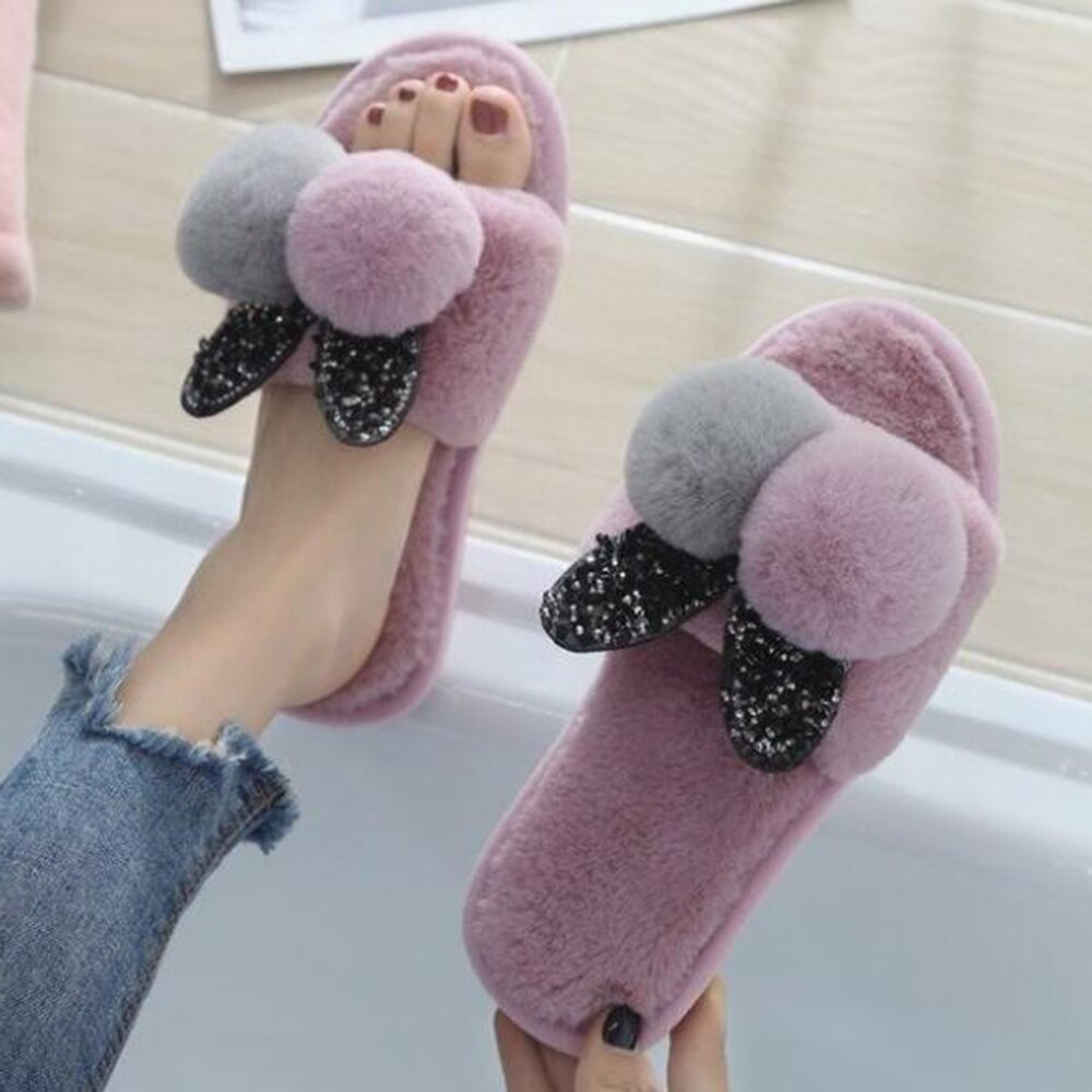 Winter Plush Ball Home Slipper Ladies Warm Short Furry Women Comfort Fur Rabbit Woman Soft Bottom Female Shoes ww20