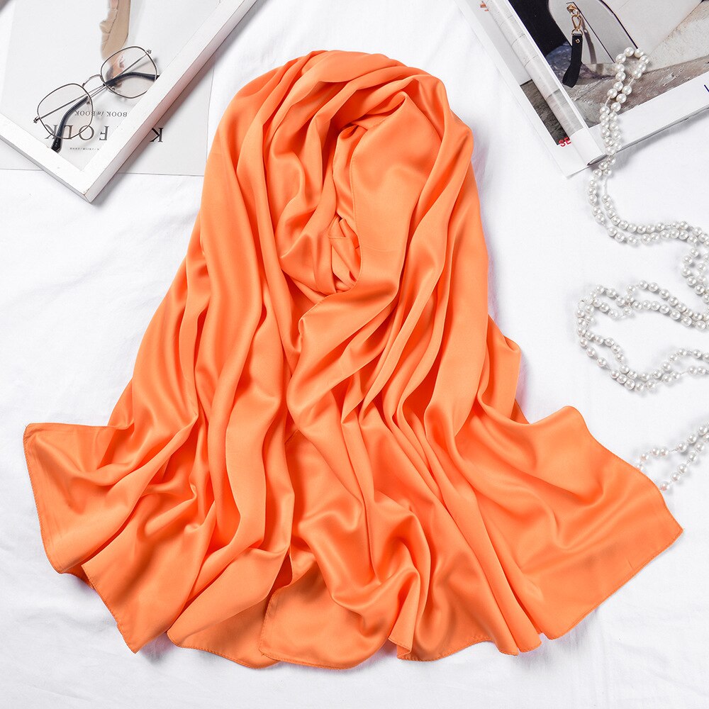 Lange tørklæder sjaler ensfarvet silke satin hijab tørklæde til kvinder halstørklæde kvindelige 70*190cm store poncho tørklæder til damer: Orange