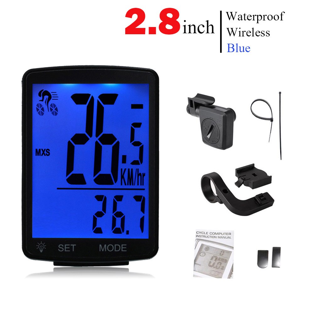 Multifunctional LCD Screen Bicycle Computer Wireless Bike Rainproof Speedometer Odometer Cycling 2.8inch Waterproof: Blue