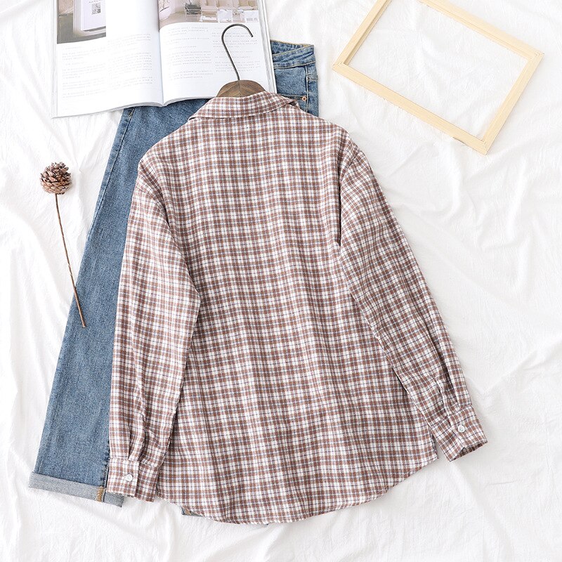 Hsa dam vintage rutig blus turn down krage dam lila skjorta chica kläder långärmad knapp kvinnliga blusas toppar