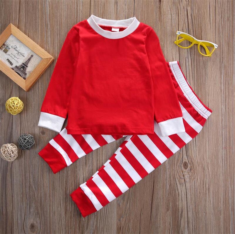 Efterår vinter 2 stk toddler børn langærmet rødt sæt baby drenge piger stribet tøj jul pyjamas nattøj sæt