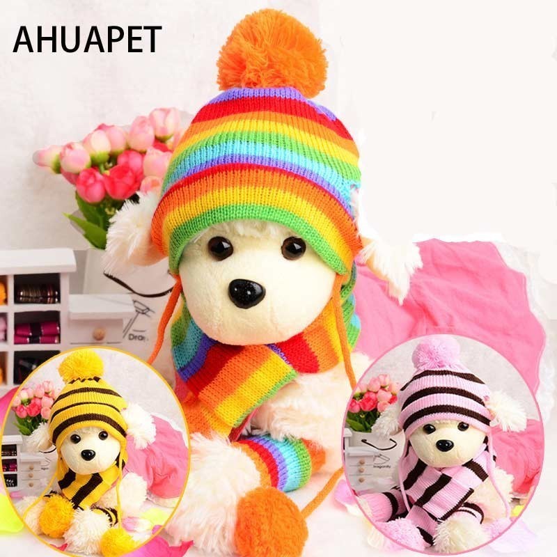 Corgi déguisement chien casquette Franse bouledogue chapeau pour chiens fournitures d'hiver Yorkshire Terrier rayure tricoté écharpe chiot tenue Costume