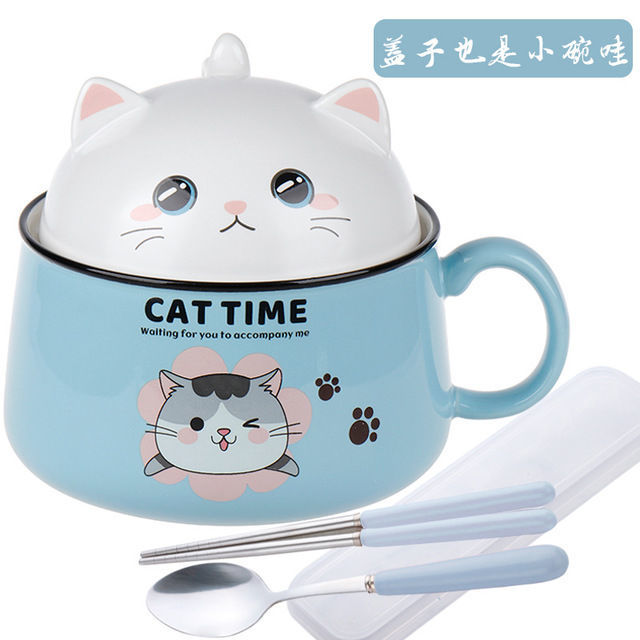 Cartoon Cat Bowl Ceramic Bowl Large Capacity Soup Bowl Kitchen Tableware Salad Bowl Ramen Noodle Bowl With Lid Spoon Fruit Bowl: Blue  tableware