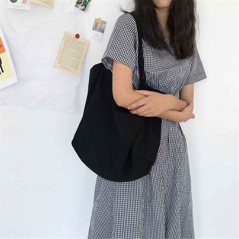 Women Canvas Shoulder Bag Large Capacity Female Big Tote Handbag Folding Reusable Shopping Bags Thin Strap Cloth Bags: Black