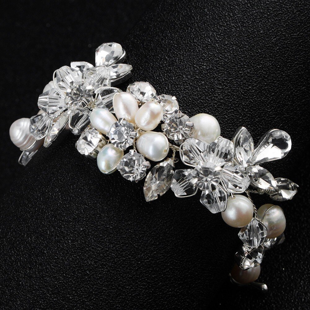 SLBRIDAL Handmade Silver Plated Crystal Wedding Bracelet Rhinestones Freshwater Pearls Bridal Bracelet Bridesmaids Women Jewelry