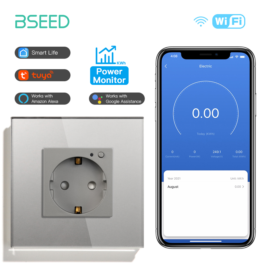 BSEED EU Wall Socket Tuya Smart Socket Wifi Electrical Outlets Power Monitor Google Smart Life Alexa Voice Control Glass Panel: Type 20