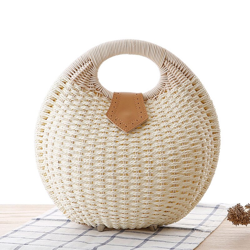 Summer Beach Bag Straw Bag Shell Shaped For Ladies Women's Handbags Handmade Bohemian Bali Rattan Handbags Women Purse: White