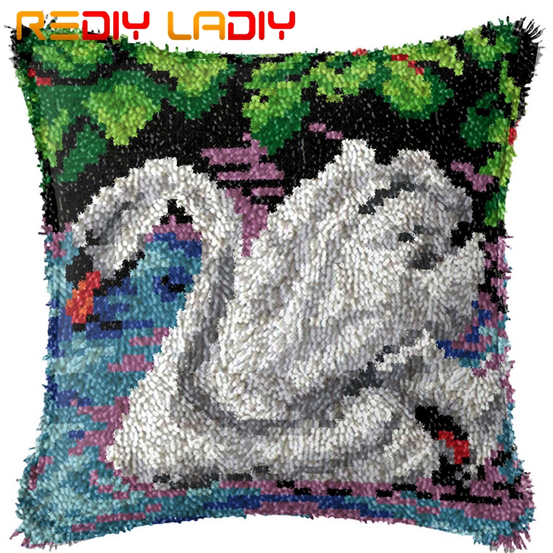Låskrok kudde svan mor örngott förtryckt färg canvas akryl garn låst krok kudde virkat kuddfodral kit: Bz978
