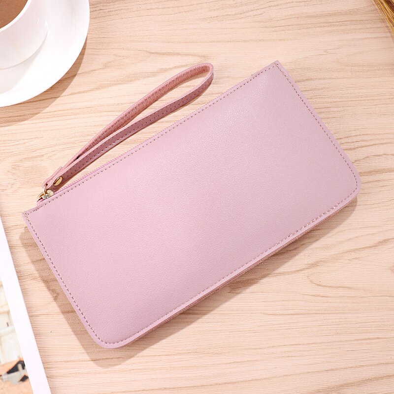 Mode Lange Vrouwen Effen Rits Portemonnee Portemonnee Clutch PU Lederen Telefoon Kaarthouder Meisjes Polsbandje Riem tas: light pink