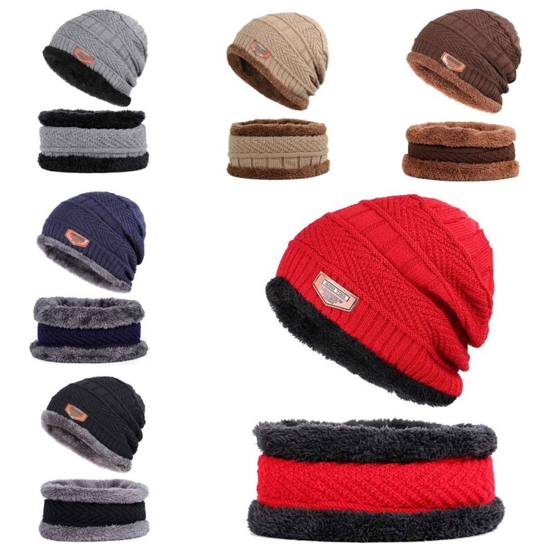 Vinter tyk varm strikket hat beanie hat fleece foret hals varmere tørklæde sæt til snowboard skiløb skøjteløb unisex