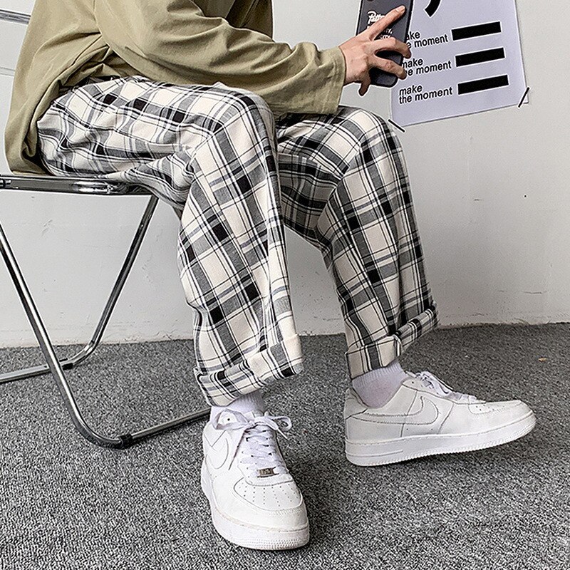 Dihope – pantalon à carreaux pour homme, ample, confortable, rétro, décontracté, taille élastique, Chic, jambes larges, Streetwear, Style coréen