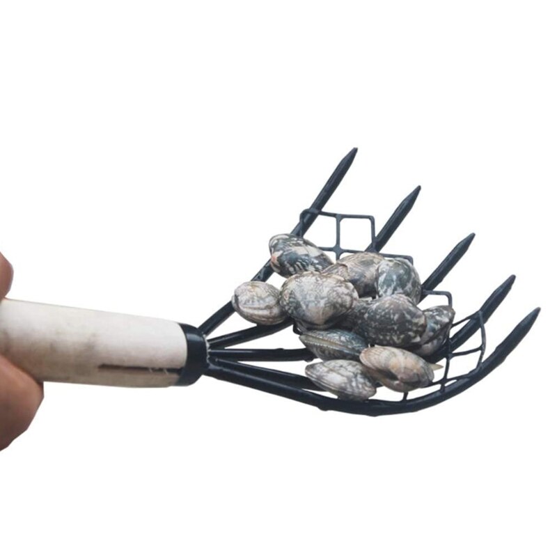 Sturdy Compact Claw Rake with Mesh Net 15 Inch Hand Rake Clam Fork Short Wooden Handle Ergonomic Non-Slip Sturdy Rake