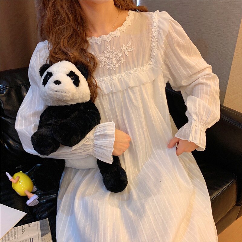 Lace Floral Nightgown Sleepwear Solid Sweet Korean Home Clothes Long Dress Kawaii Striped Embroidery O-Nek Long Sleeve Cotton