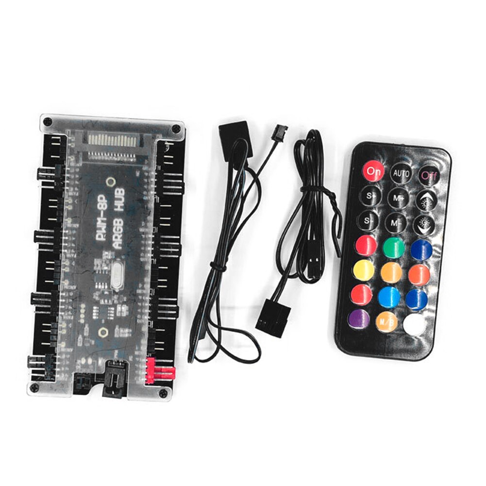1 to 8 3-Pin ARGB Addressable RGB LED Hub with Remote Control PWM Fan Hub 8 Port 4-Pin PWM Fan ARGB Controller with PWM Cable