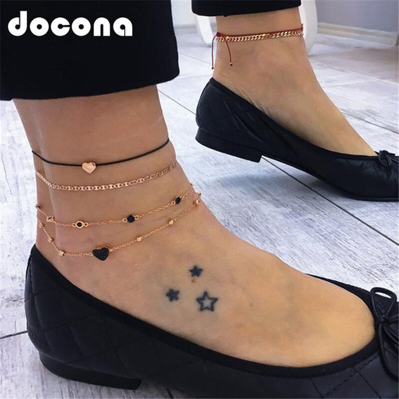 Docona Bohemian Gold Kleur Zwarte Steen Hart Gelaagde Enkelband voor Vrouwen Meisje Metalen Geometrische Verstelbare Enkelbanden Pulseras 5292