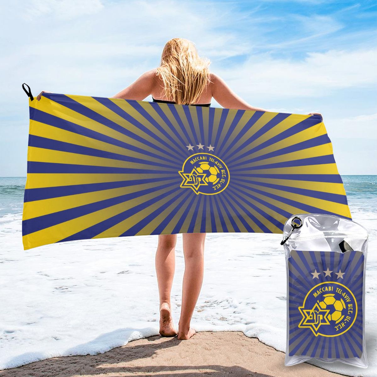 Izrael Maccabi Tel Aviv Fc szybkoschnący ręcznik kąpielowy ręcznik plażowy może być używany do Camping Fitness, szybkoschnący składany saszetka na pasek: 5 / 160cmx80cm