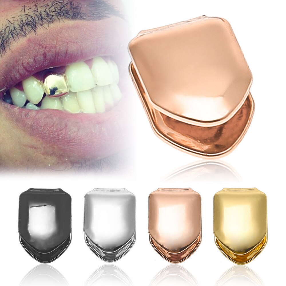 Guldpläterad hip hop enkel tand grillz lock topp & botten grill för halloween kroppsmycken bling anpassade tänder strass