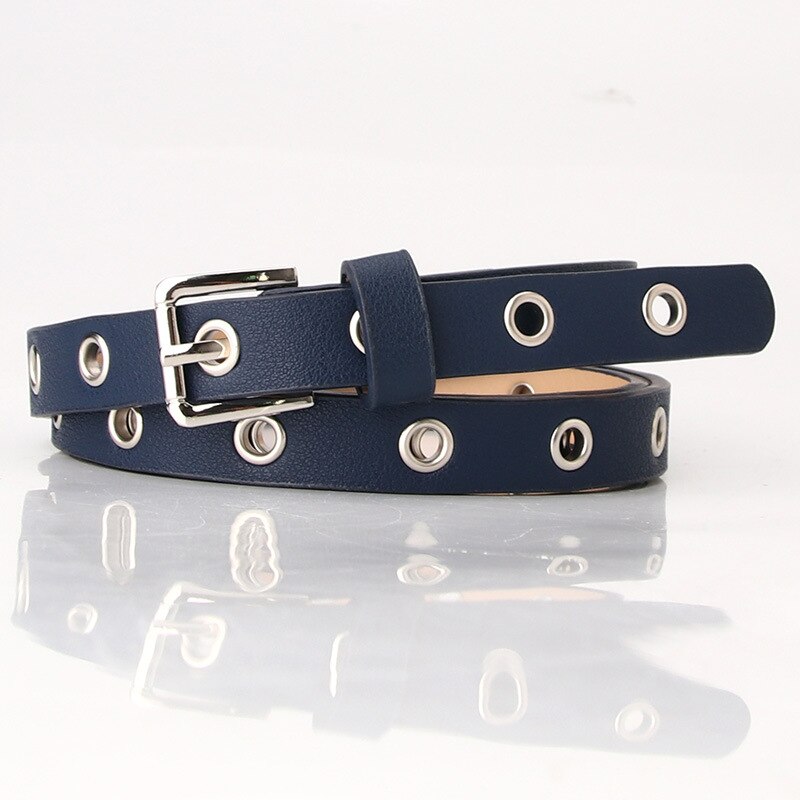 Vintage Punk Black Red Belts For Women Holes Hollow Leather Waist Belt Female Grommet Eyelet Thin Narrow Waistbelts Ladies: Navy