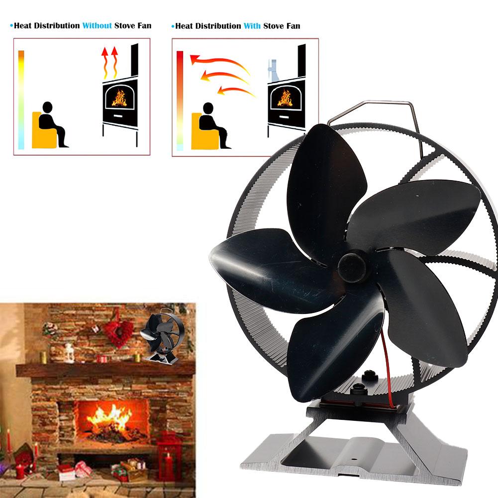 5 klinge sort pejs varmedrevet komfur fan energilog træbrænder miljøvenlig rolig ventilator hjem effektiv varmefordeling