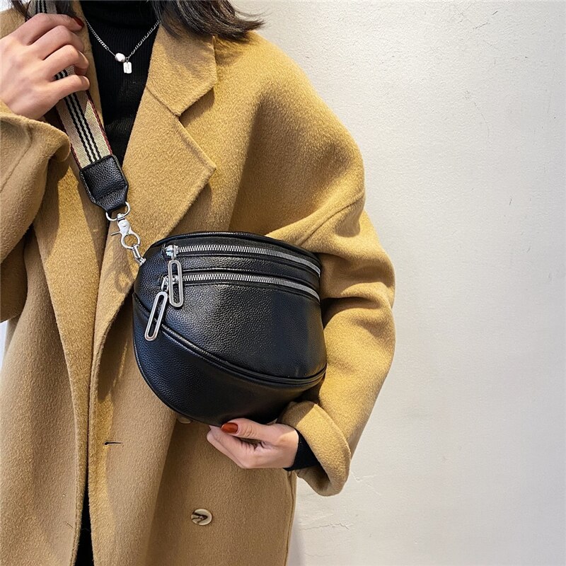 Burminsa Brede Band Zadel Taille Fanny Pack Voor Vrouwen Dubbele Rits Dames Riem Borst Tassen Pu Lederen Sling Crossbody Tassen