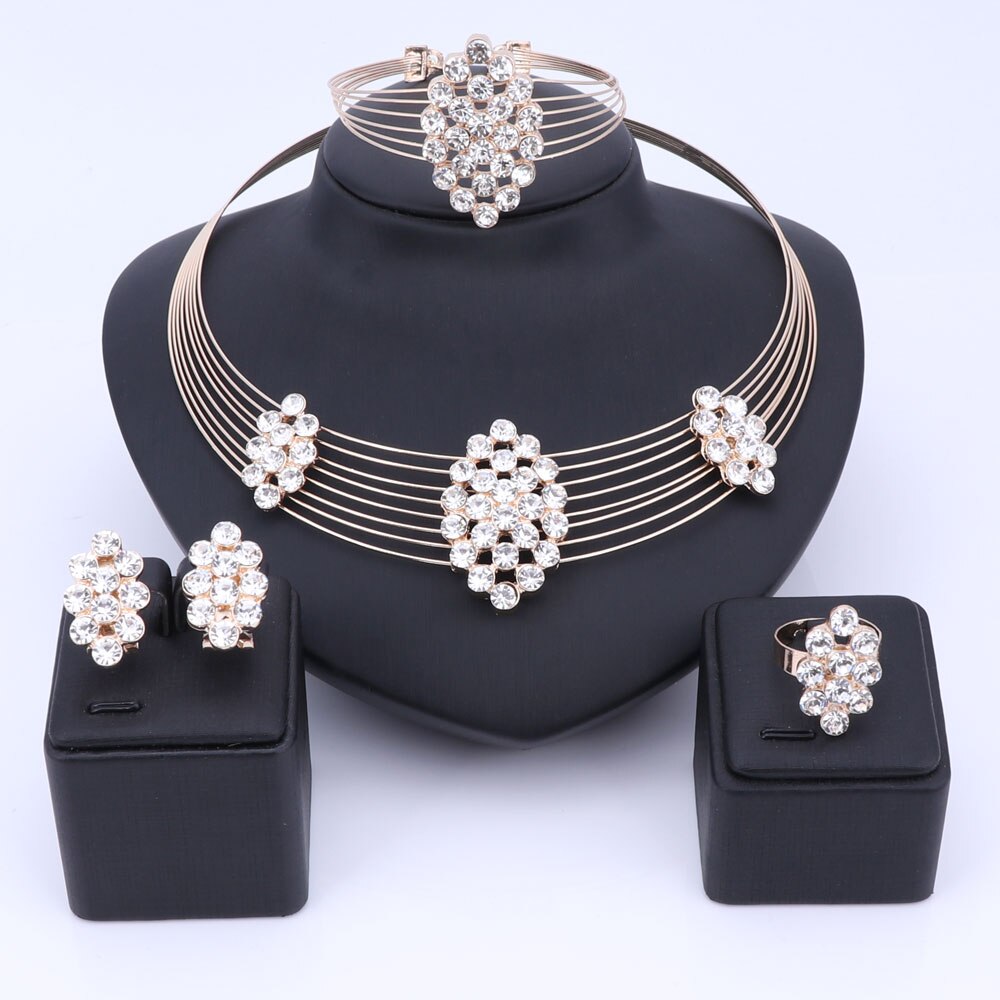 Nigerian Brilliant Wedding Jewelry Set Rhinestone Crystal Multi layer Chain Necklace Earrings Bracelet Ring for Women