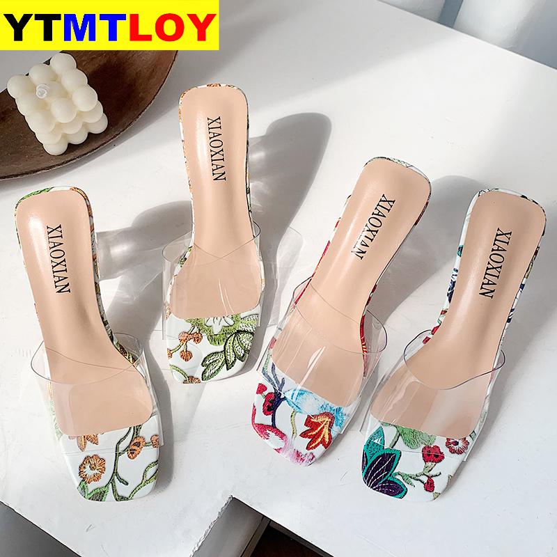 Klare hæle hjemmesko kvinder sandaler sommer gennemsigtige sko firkantede høje pumps jelly buty damskie gladiator firkantet hæl blomst