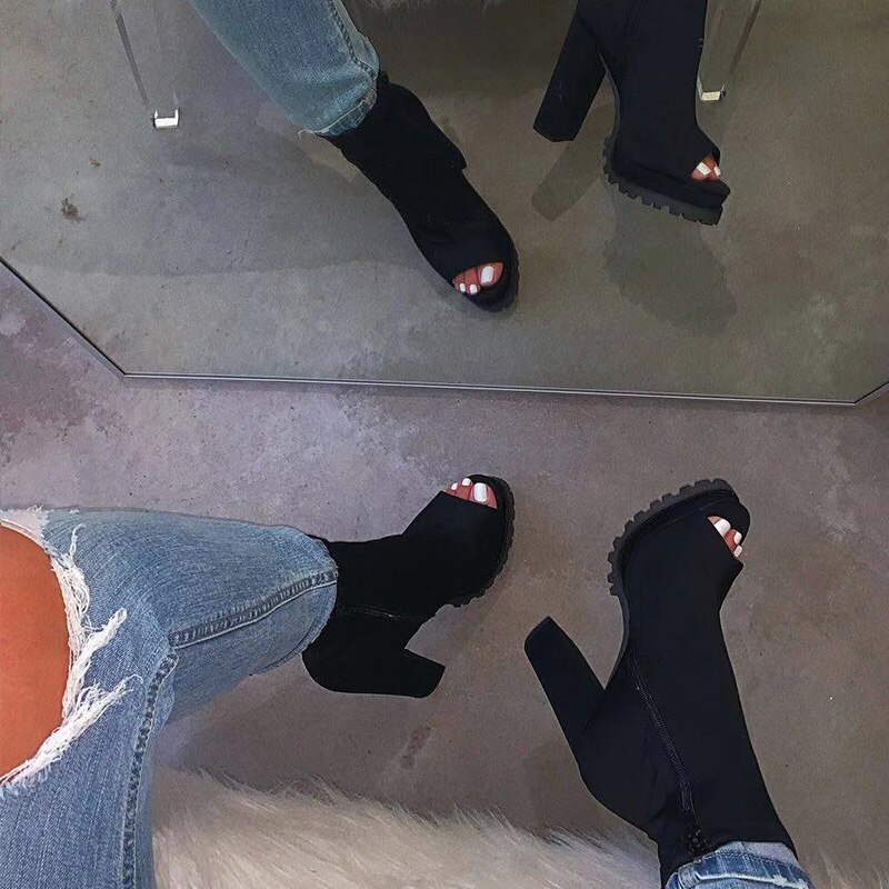 Rouge nouvelles bottes femmes serpent motif Zip bottines automne femme Peep orteil épais talons hauts dames plate-forme chaussures directe