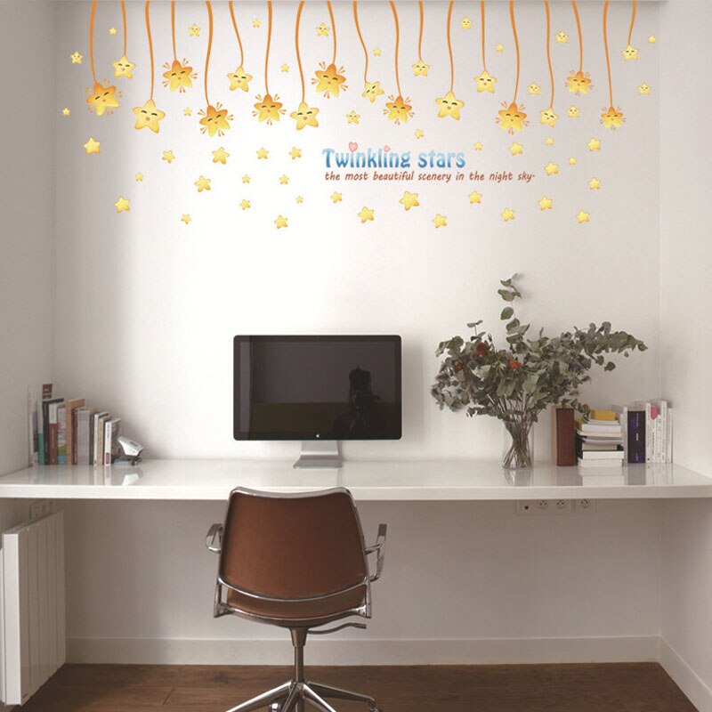 Diy tegneserie låve vegg klistremerke hjem rom dekorasjon blinkende stjerner kanin månehval baby soverom dekor avtakbar pvc tapet: Stjerner