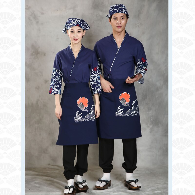 Japanese Style Long Sleeve Work Uniform Clothes Restaurant Sushi Chef's Clothes Kimono Work Suit