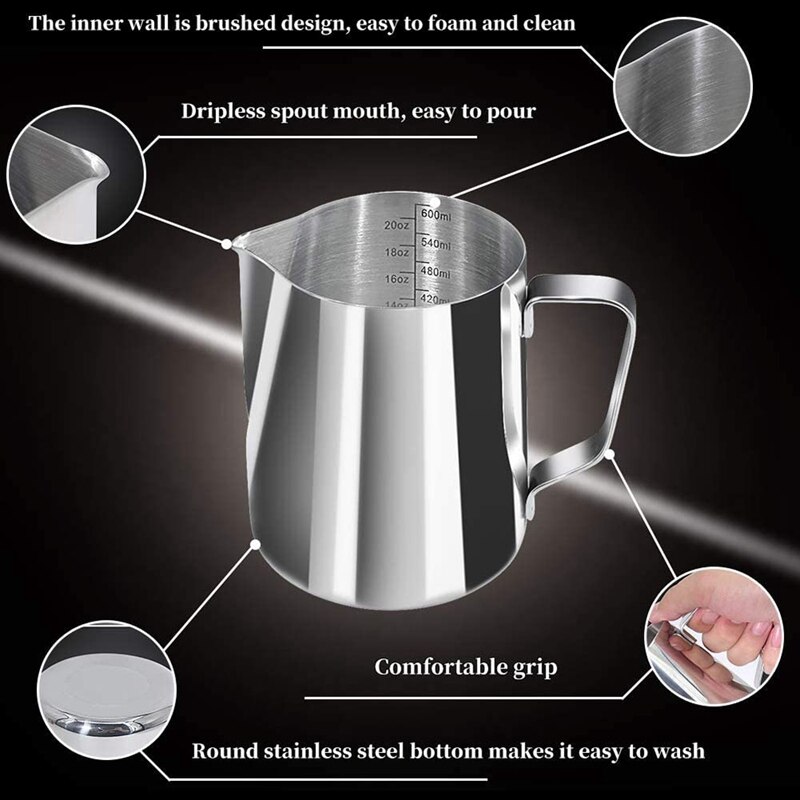 Jarra de espuma de leche, jarra de leche de 600 ML con escala [taza, ML, onza], jarra de leche de acero inoxidable jarra de café Latte